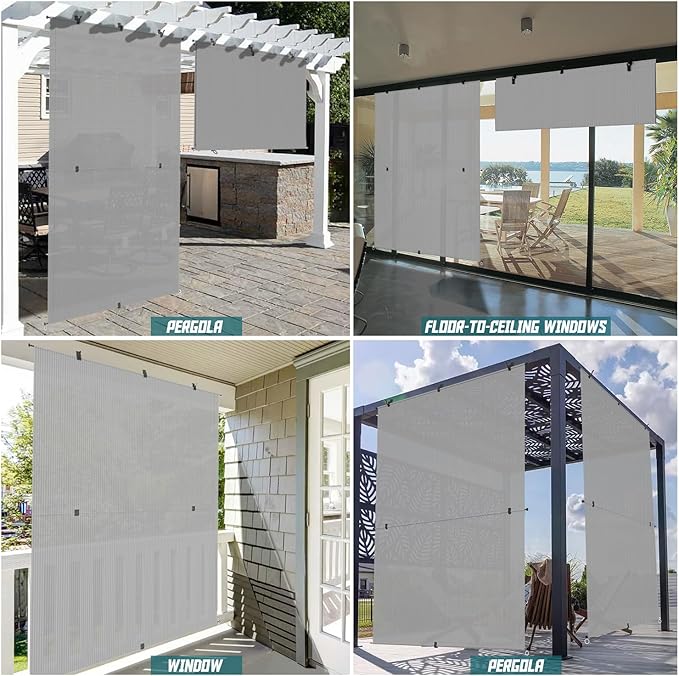 Bynbbur 6'W x 14'H Outdoor Patio Shades Foldable Roller Blinds, 220 GSM Sun Shade Roll Up Porch Screens Exterior Shade Cloth for Deck Pergola Backyard, Light Gray