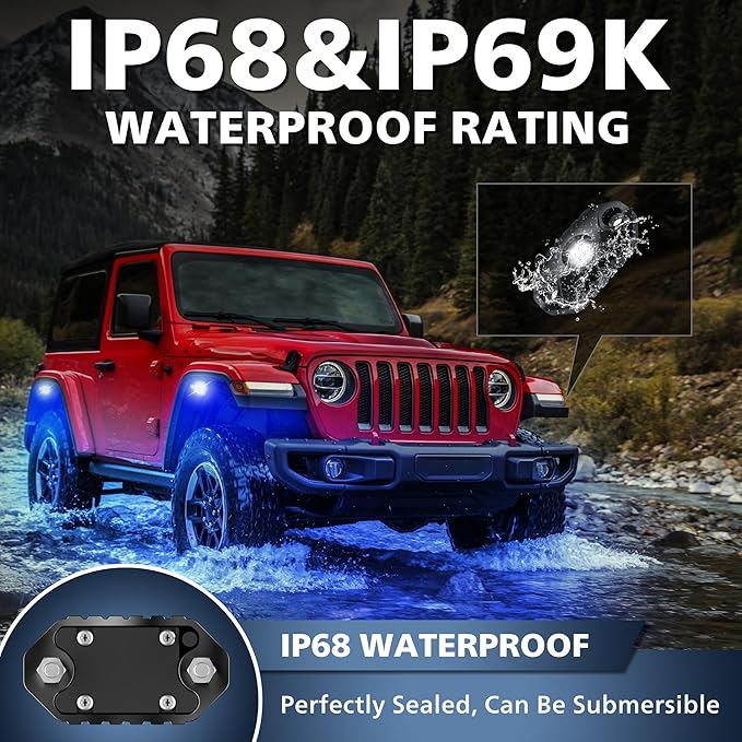 4WDKING Blue LED Rock Lights, 4 Pods IP68 Waterproof Underbody Glow Trail Rig Lamp LED Neon Lights for Truck Off Road Truck Car Boat ATV SUV Motorcycle