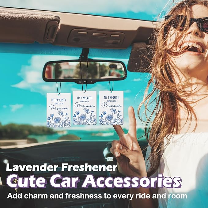Mommom Grandma Gifts Car Air Freshener Accessories 3pcs,My Favorite People Call Me Gifts for Grandma Mom Christmas, Rustic Blue Flower Hanging Scent Fragrance Card for Women Closet Home Decor
