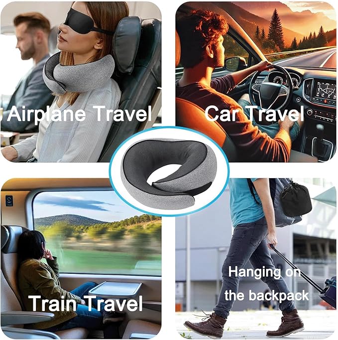 Neck Pillow for Traveling, Travel Neck Pillow for Airplanes, 100% Pure Memory Foam, 360° Support Stowable Pillows for Sleeping, Breathable & Washable Cover, Compact for Travel, Car & Office (Gray)