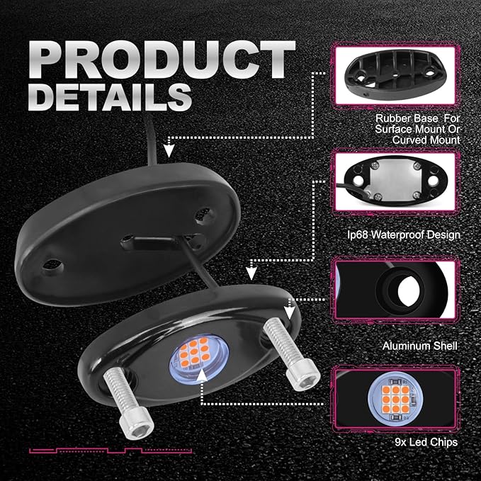 12 Pods Red LED Rock Lights Neon Underglow Light for Car Truck ATV SUV Under Body Glow Light Trail Fender Lighting