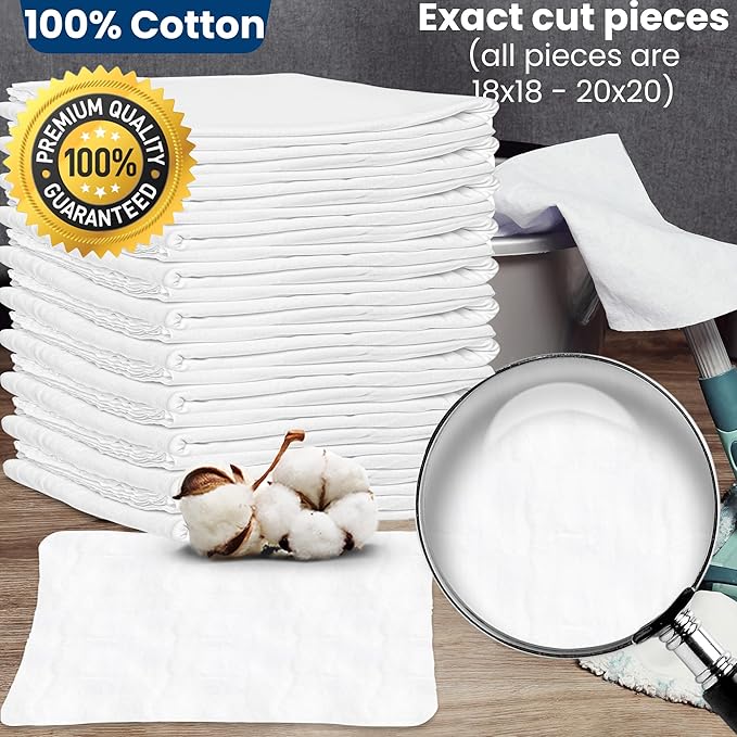 Nabob Wipers New Lint Free Cloth (150 Pack) - 100% Cotton Cleaning Rags Exact Cut - Premium White Rags for Cleaning House - White Rags for Dusting, Staining, Polishing, Painting 18"x18"