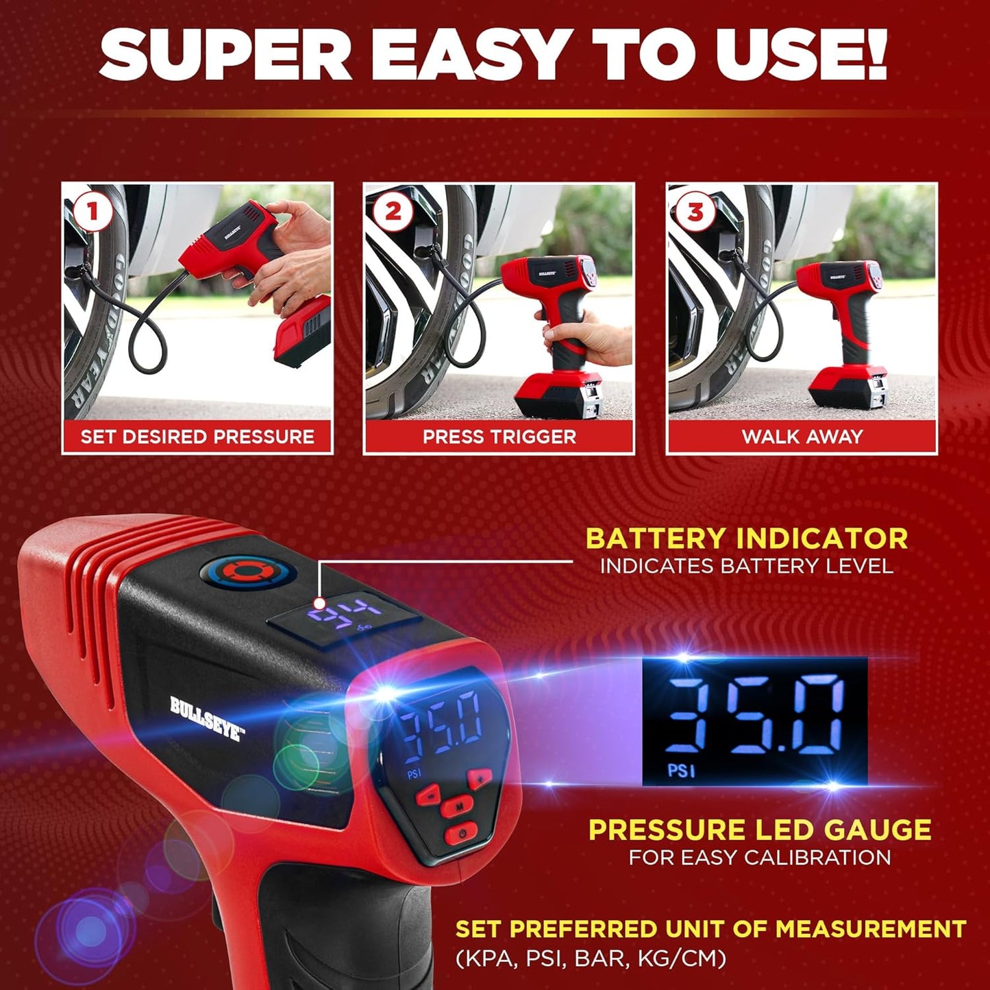 Bullseye Pro Automatic Digital Tire Inflator 150 PSI Max w/Gauge Display Screen & Pre-set Pressure in KPA, PSI, BAR, kg/cm, Built-in LED Lights, Rechargeable, Air Compressor, Car Tire Pump