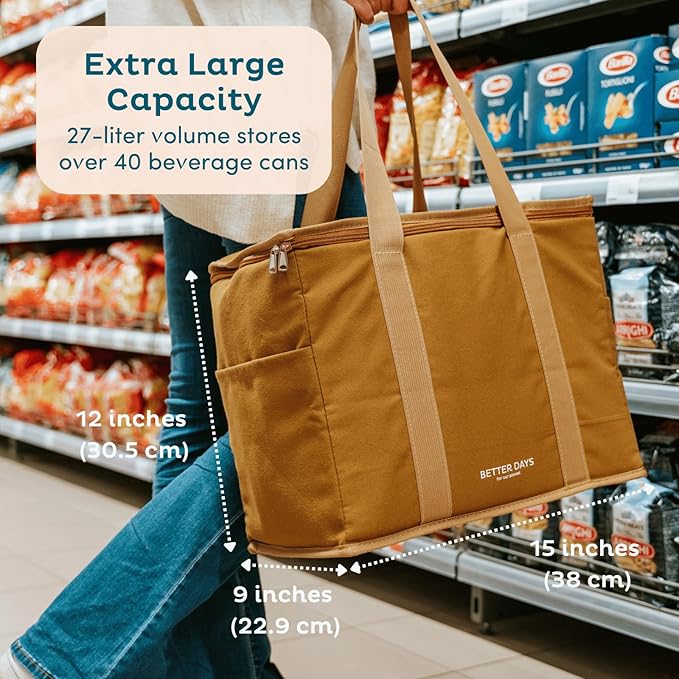 Nook Theory Reusable Insulated Grocery Bag - Leak Proof, X Large Cooler Bag - Insulated Shopping Bags for Groceries - Travel Cooler Bag for Frozen and Hot Food with Zippered Top (Jute)