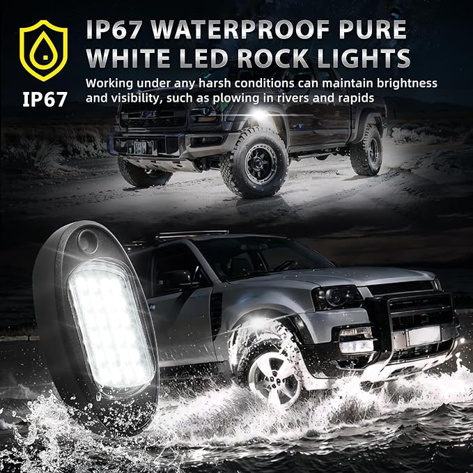6 Pods White LED Rock Lights with Switch Extension Harness, 6000K 24 LEDs Pure White Neon Underglow Light for ATV SUV UTV RZR SXS Car Trailer Truck, IP67 Waterproof Under Trail Rig Fender Lighting