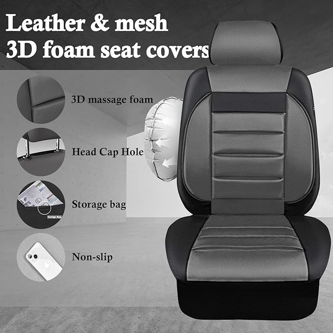 CAR PASS Leather Car Seat Covers Front Seats Only, Universal Fit Automotive Interior Waterproof 3D Foam Back Support Car Seat Covers for Trucks Vans and SUVs Airbag compatible 2 Pieces black gray grey