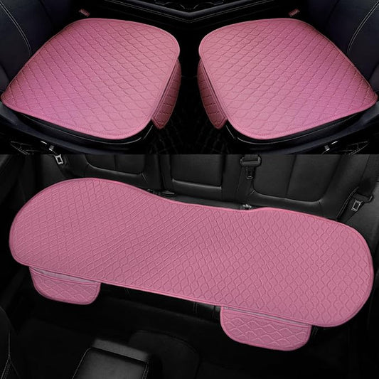3 PCS Linen Car Seat Covers with Storage Pocket, Back Seat Covers Protectors with Non-Slip, Breathable Bench Seat Covers Universal Fit for SUVs, Cars, Trucks (Pink)