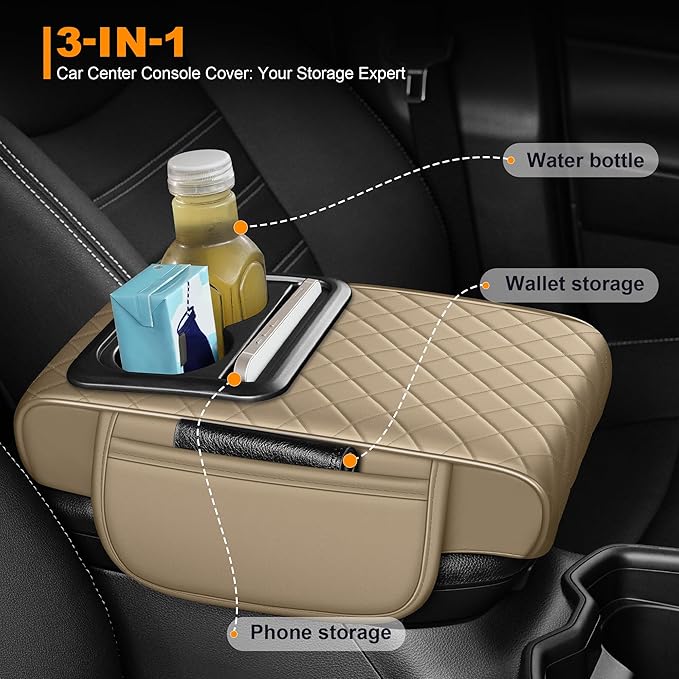 Armrest Cover for Car Fit for Jeep Grand Cherokee - Center Console Cover with Cup Holders and 2 Storage Pockets(Beige)
