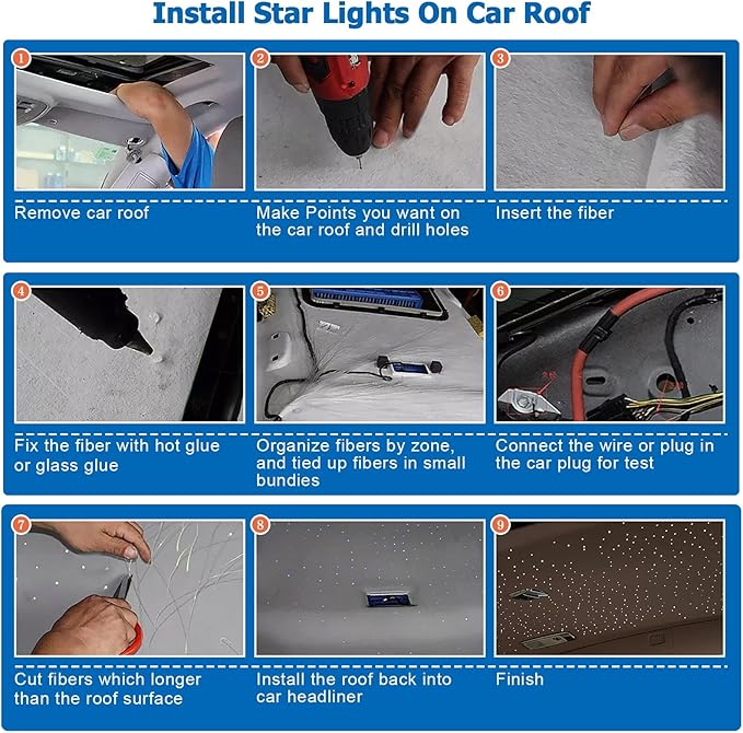 AZIMOM 16W Sound Activate Fiber Optic Starlight Headliner Kit 550pcs 0.03in 13.1ft Fiber Strands, Pure White Meteor Shooting Star Music Mode Remote APP Control Car Use Home Headliner Decor