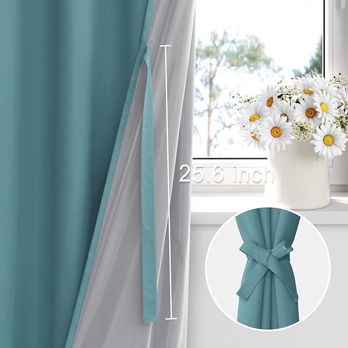 XWZO 100% Blackout Curtains - Thermal Insulated Black Liner Curtains, Noise Reducing and Heat Blocking Drapes for Hall and Studio Windows with Tiebacks, Stone Blue, W42 x L54, Set of 2