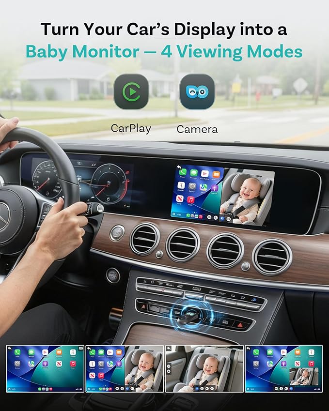 OTTOCAST Cabin Care Baby Car Camera 2026,Uses Your Car's Built-In Screen,No Extra Screen Needed,Split Screen for CarPlay and Baby View,No-Glow Night Vision,Plug&Play,150°Wide Angle(No Android Support)