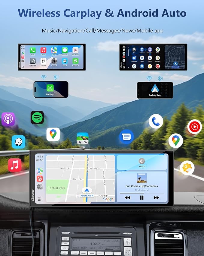 Carpuride Carplay Screen for Car with 4K Front Cam 11.26" Portable Car Play Touchscreen Wireless Carplay & Android Auto, Loop Recording, Voice Control, GPS Navigation, Mirror Link, No Backup Camera