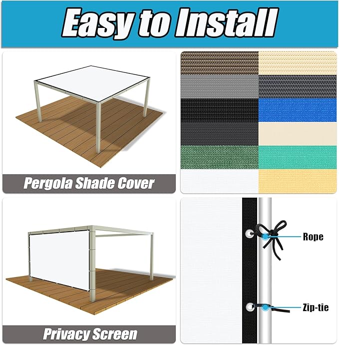 Amagenix 90% Pergola Shade Cover 10' X 12' Sun Shade Cloth with Grommets for Outdoor Garden Patio Porch, Commercial Grade 200 GSM - Cable Zip Ties Included (We Customized) GN108, White