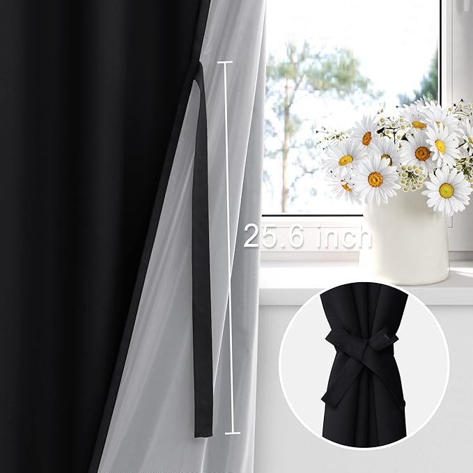 XWZO Black Blackout Curtains 2 Panels with Tiebacks- Heat and Full Light Blocking Window Panels with Grommets for Bedroom/Basement, 54 Inches Long Thermal Insulated Draperies, W38 x L54, Set of 2