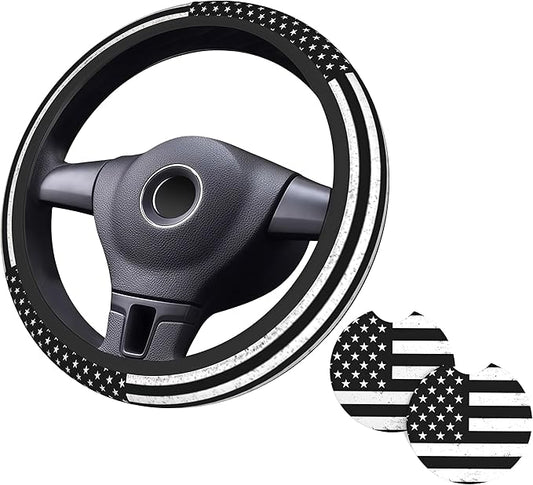 Black American Flag Vintage Steering Wheel Cover American Flag Steering Wheel Cover Anti-Slip Breathable Universal for 15 Inch Car Wheel Cover with 2 Pieces Car Coasters Suitable for Men Women