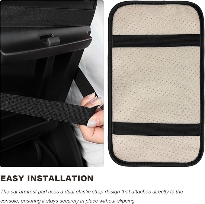 Car Armrest Storage Box Mat, Leather Embossing Auto Center Console Cushion Protective Pad, Anti-Scratch Waterproof Armrest Seat Box Protector for Most Cars Trucks SUVs (Beige)