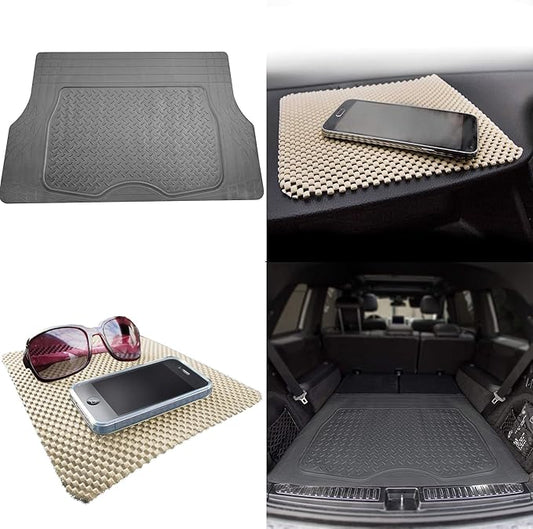 TLH Premium Trimmable Gray Cargo Mat Car Trunk Liner Universal Fit Set w/Beige Dash Pad, Trimmable Automotive Floor Mats, Climaproof™ Floor Mats for Most Sedan, Cars, SUV, Truck Floor Mats.