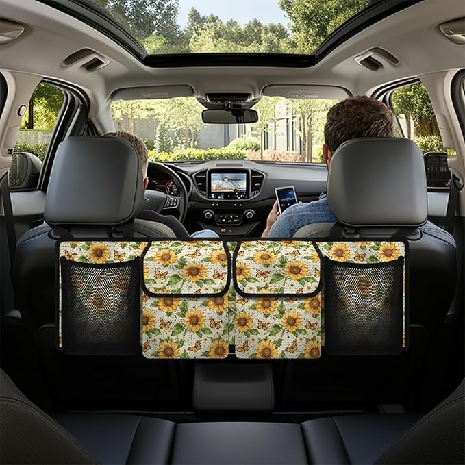 Sunflower Back Trunk Seat Organizer for SUV, Sedan, Van, Oxford Cloth, Equipped with Robust Elastic Net, Hanging Car Storage Organizer with Lids, Easy to Clean & Install In All Vehicles