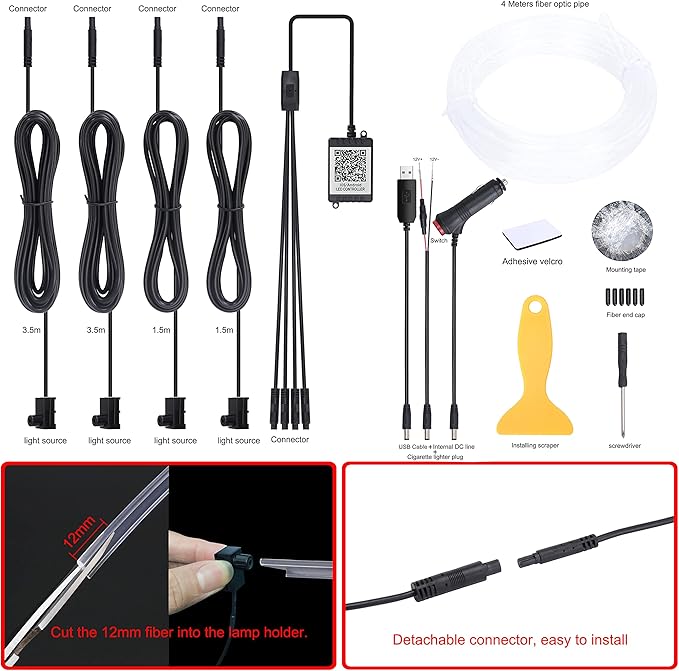 Car Atmosphere Light Kit 4m Fiber Optic RGB Multicolor Sound Active Music Sync Memory Function Bluetooth APP Control 64 Colors USB Car Interior Ambient Lighting Kit DC 12V