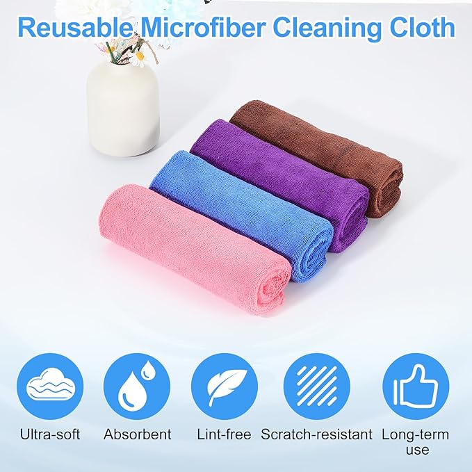 HARFINGTON 6 Pack Microfiber Cleaning Cloth, 14" x 14" Multi-Functional Cleaning Towels Reusable Absorbent Rags with Hook for Car Wash Kitchen Household Window Clean, Sapphire Blue