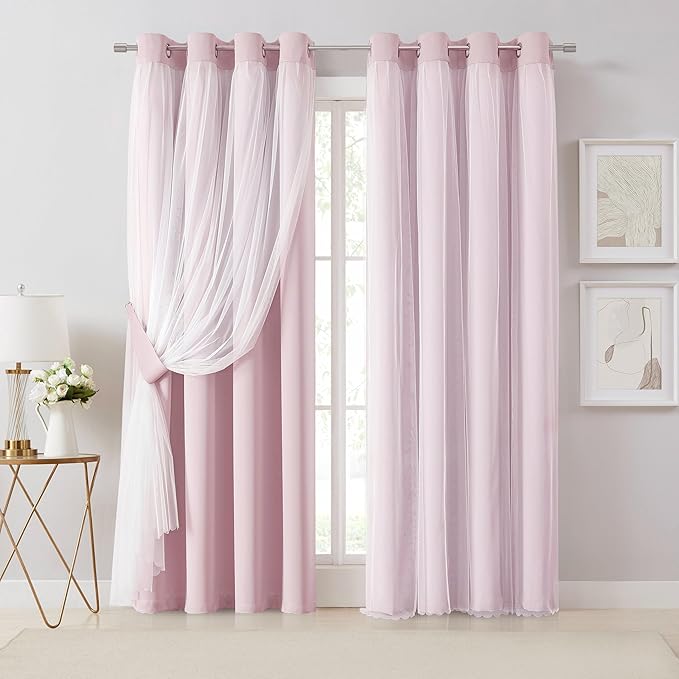 Bujasso Pink Blackout Curtains with Sheer Overlay Mix and Match Double Layer 80% Room Darkening Window Treatment Set for Girls Bedroom Living Room Pink Drapes with Tiebacks Grommet Top 54" Wx90 Lx2