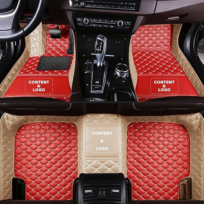 Customize Making Car Floor Mats for 99.99% Sedan SUV Pickup Truck Full Coverage Men Women Cute Leather Protection Pads Non-Slip Floor Liners (Red+Beige Side)
