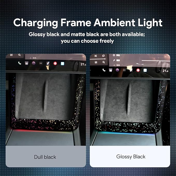 Ambient Lighting Wireless Charging Frame for 2025-2026 Tesla Model Y (Includes Juniper) 2024-2026 Tesla Model 3 PC Stylish Decorative Accessories (Big Starry Sky, Glossy Black)