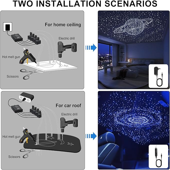 Split Car Starlight Headliner Kit, 4 Colors 12W Meteor Fiber Optic Starlight Kit, 860pcs*0.02in*9.8ft+240 RGBW Sound Activate Shooting Star Lights for Ceiling Car Roof/Home Decor