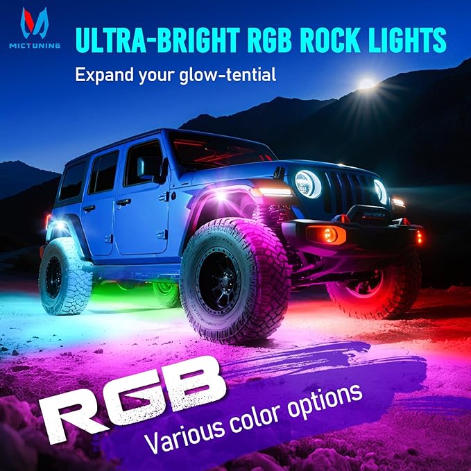 MICTUNING Q1+ MAX 12 Pods Ultra-Bright RGB+IC Rock Lights, Multi-Color Chasing Underglow Lighting, Extensible to 24 Pods, APP Music Sync & DIY Effects, IP68 Waterproof
