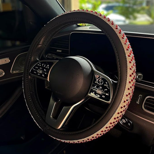 Lord AutoFashion 15 Inch Luxury Universal Steering Wheel Cover Rhinestone Crystals Anti-Slip Microfiber Leather for Women Girls Men Boys Car Accessory Bling Diamonds Red (JX06)