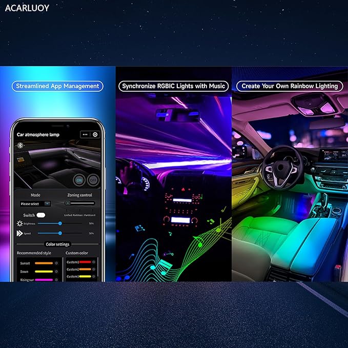 Acrylic Interior LED Ambient Light, Ten in One Ambient Lighting Kit, Ambient Lighting Car Interior， Suitable for Dynamic Car Chase, Music Synchronization, Neon Atmosphere Lighting Kit
