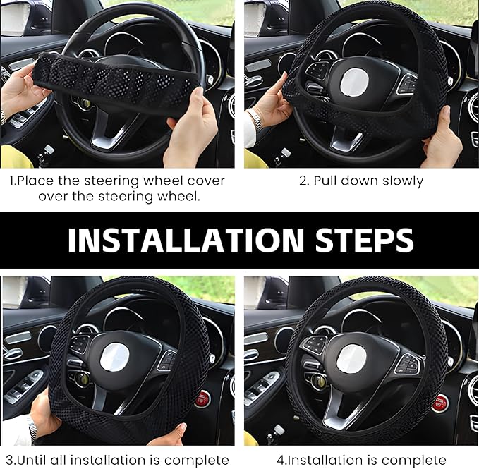 Elastic Stretch Car Steering Wheel Cover, Comfortable Steering Wheel Cover Universal for 14.5-15 Inch, Warm in Winter & Cool in Summer, Anti-Slip Breathable Ice Silk (Blue)