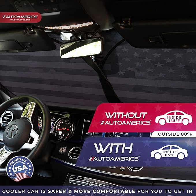 Autoamerics 1-Piece Windshield Sun Shade Gray Camo American Flag USA Design - Foldable Car Front Window Sunshade for Most Sedans SUV Truck - Blocks Max UV Rays and Keeps Your Vehicle Cool - Small
