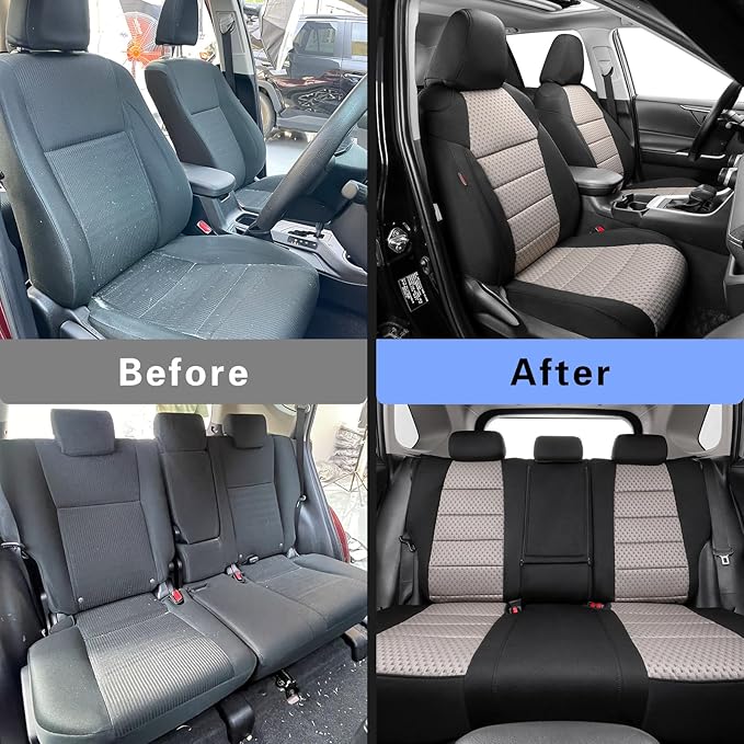 coverdream 2026 Rav4 Seat Covers Custom Fit for 2026 Toyota Rav4 Hybrid (Woodland/Limited) SUV,Full Set Polyester Car Seat Protector Black & Beige