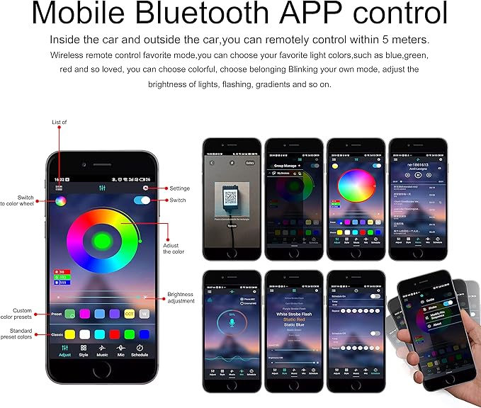 64 Colors Car Ambient Lighting Fiber Optic APP Control Multicoloured Music Car Atmosphere Decorative Lighting Kit 1W DC 12V-24V 8m