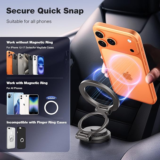 GolbinBox Car Phone Holder for MagSafe [360°Rotation] Metal Design iPhone Car Mount,Folding Car Mount [Detachable Base] Strong Magnetic Phone Holder for Car Dash,for iPhone 17 16 15 14 Pro Max, Gray