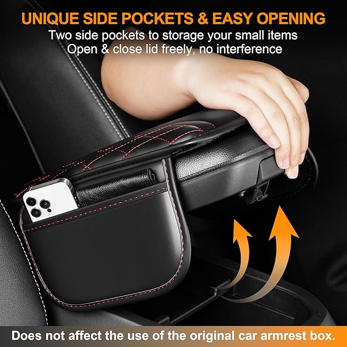 Car Center Console Cover Fit for Jeep Renegade - Leather Armrest Covers with 2 Storage Pockets(Black&Red)