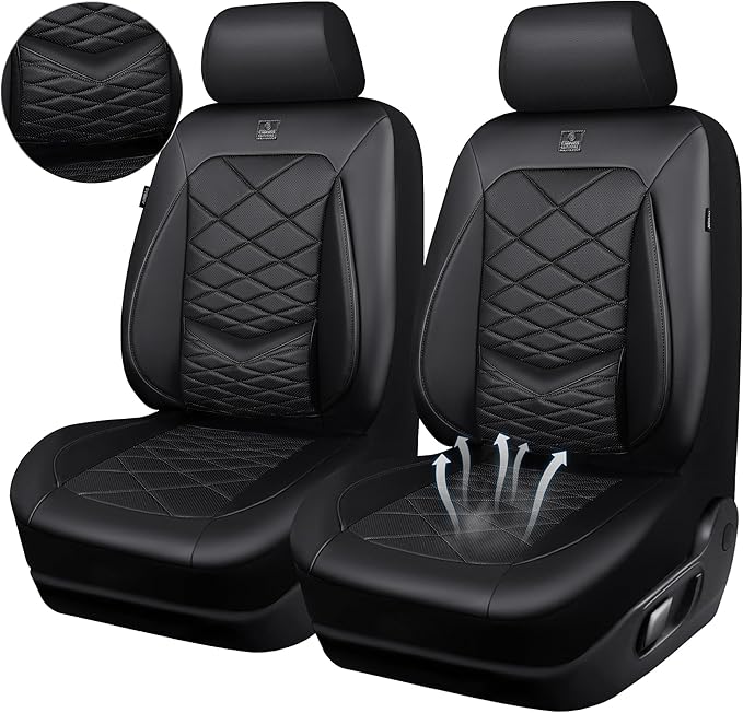 CAR PASS Luxury Nappa Leather Front Seat Covers, Waterproof 3D Foam Seat Covers with Lumbar Support, Breathable Auto Seat Cover Airbag Compatible Universal Fit for Sedan SUV Van Truck, All Black