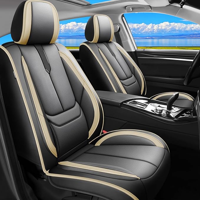 Fit 4Runner Car Seat Covers for Toyota 4Runner 2003-2024 2025 2026 -Upgraded Premium Waterproof & Breathable Leather,Airbag Compatible,All-Weather Seat Cushion Protector,2 Front/Black-Beige