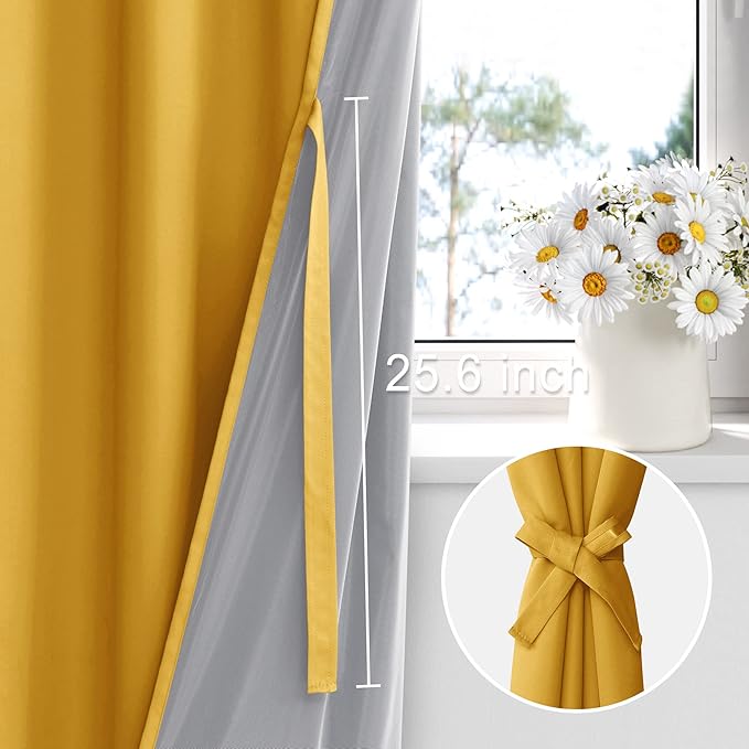 XWZO 100% Blackout Curtains 45 Inches Long with Tiebacks- Soundproof & Energy Efficiency Window Draperies Grommet Top with Black Liner for Bedroom/Living Room, Yellow, W42 x L45, Set of 2
