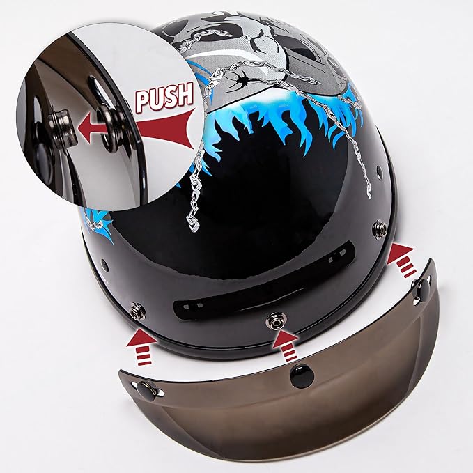 Cartman Cruiser Scooter Motorcycle Half Face Helmet, Blue Skull Graphics, DOT Approved for Bike Scooter ATV UTV Chopper, Large