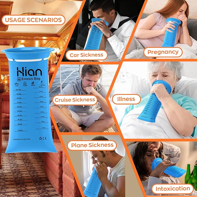 Hion Vomit Bags Disposable – 200 Pack 1000ml Emesis Bags – Leak Resistant, Medical Grade, Portable – Perfect for Motion, Car & Aircraft Sickness, Pregnant Women