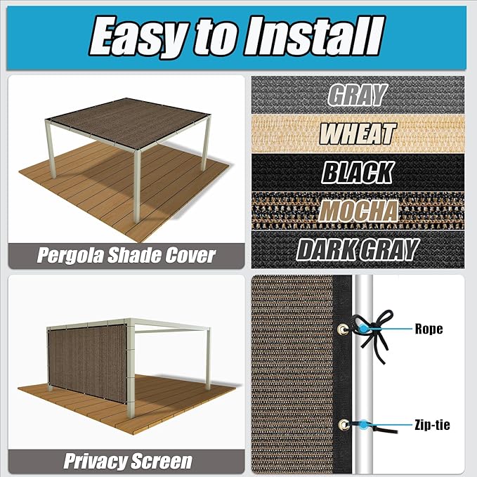 Amagenix 90% Shade Fabric 9'X 19' Mocha Sun Shade Cloth with Grommets for Pergola Replacement Shade Cover Canopy, Heavy Duty, Cable Zip Ties Included (We Customized)
