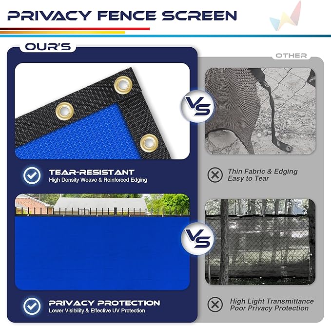 Windscreen4less Privacy Fence Screen Heavy Duty Windscreen Fencing Mesh Fabric Shade Net Cover with Brass Grommtes for Outdoor Wall Garden Yard Pool Deck, 8'x219' Blue