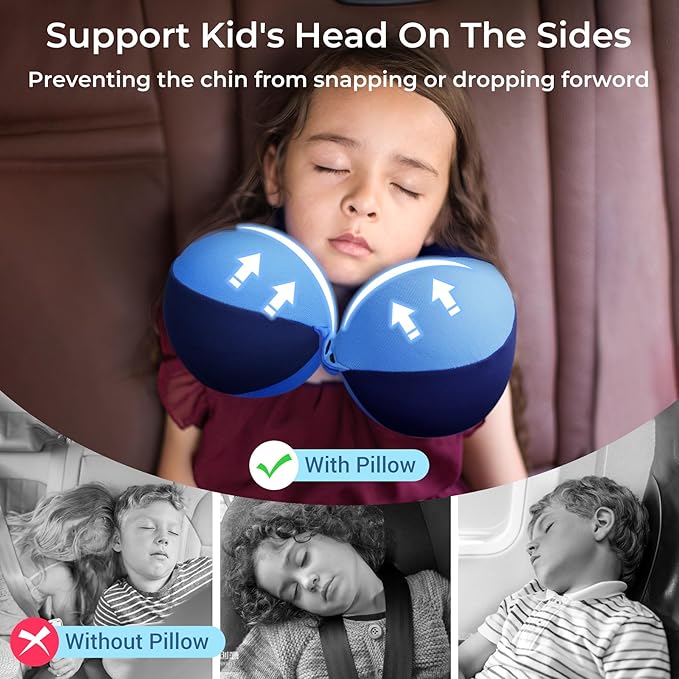COOLBEBE Kids Travel Neck Pillow, Softly Double Support Travel Pillow for Car & Airplane, Traveling Gifts for Toddler & Children (1, Haze Blue)