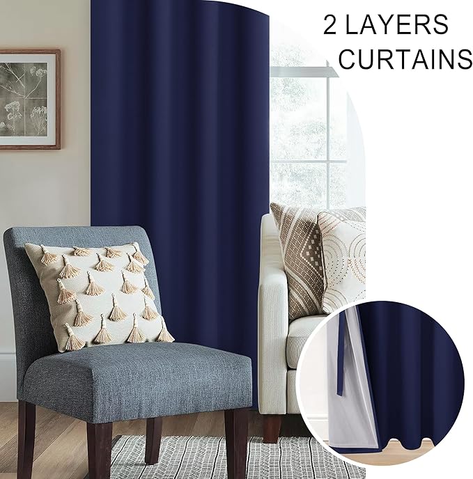 XWZO 100% Blackout Curtain Panels - Thermal Insulated Black Liner Curtains, Noise Reducing and Heat Blocking Drapes for Hall and Studio Windows with Tiebacks, Navy Blue, W52 x L54, Set of 2