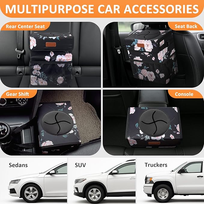 Vankor 4.2 Gallons Car Trash Can with Lid, Bag Bin Hanging Waterproof Automotive Car Garbage Cans Leak Proof Vehicle Trash Can for Truck SUV,Black Floral