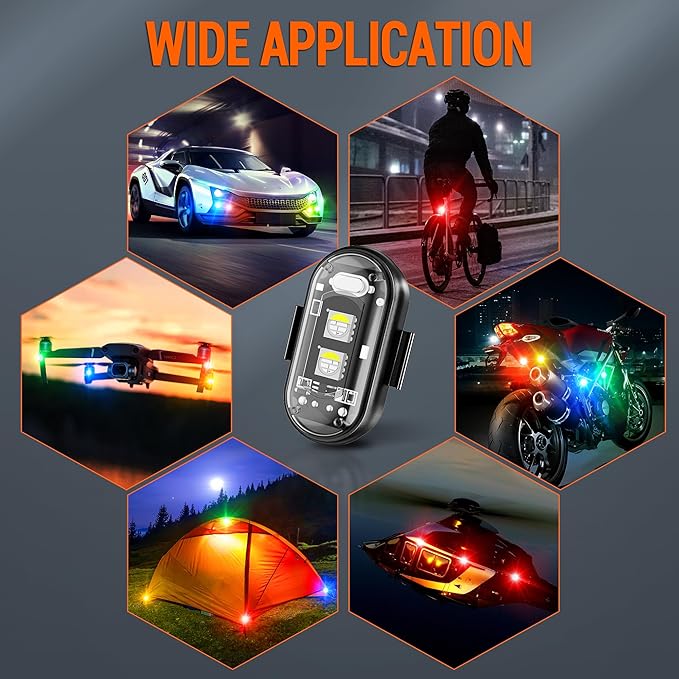 Wireless LED Strobe Lights Remote Control, 8 Colors USB Charing Waterproof Anti-Collision Flashing Emergency Warning Lights for Car Motorcycle Drone Aircraft Bike 12PCS