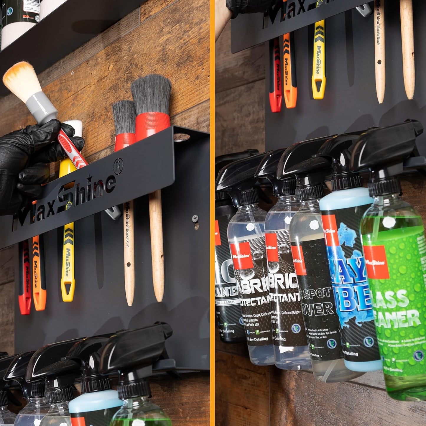 Maxshine Universal Detailing Brush & Spray Bottle Holder - Car Garage & Mobile Detailing Organizer, Holds 10 Detailing Brushes & Trigger Spray Bottles, Space-Saving Auto Detailing Accessories