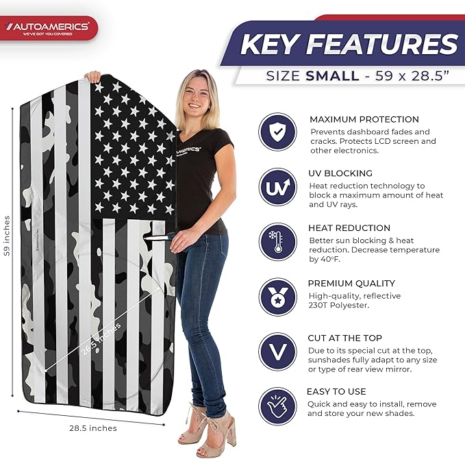 Autoamerics 1-Piece Windshield Sun Shade B&W Camo American Flag USA Design - Foldable Car Front Window Sunshade for Most Sedans SUV Truck - Blocks Max UV Rays and Keeps Your Vehicle Cool - Small